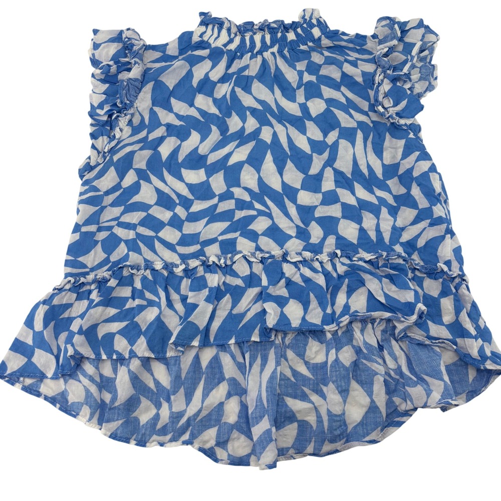 Meet me in Santorini Blue White Geometric Ruffle Peplum Top MS1082T L